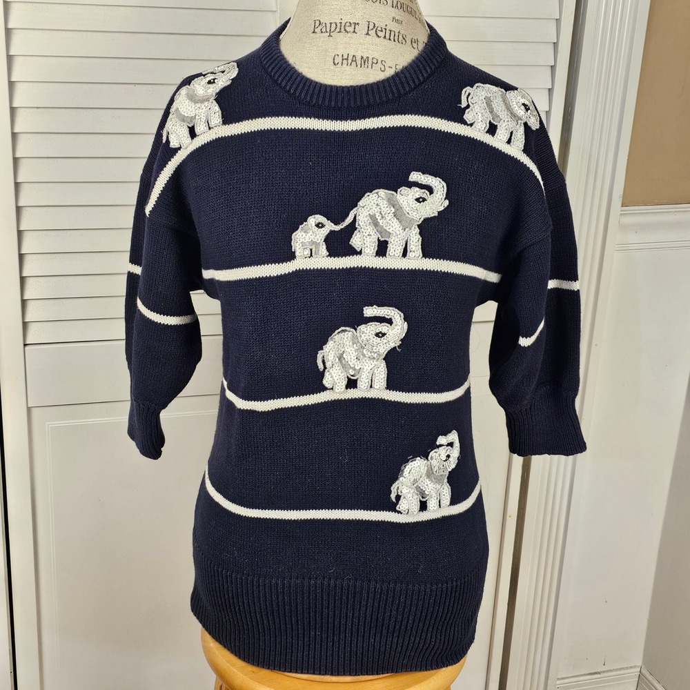 Vintage The Glory B By Gloria Furman Navy Embellished‎ Elephant Sweater Medium
